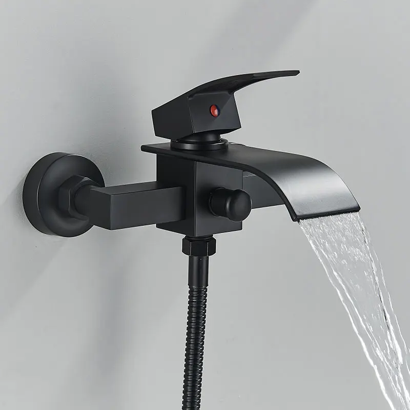 Shiny Gold Bathroom Shower Faucet Set Black Waterfall Bathtub Tapware Cold Hot Bath Shower Mixer Systems ABS Plastic Handheld
