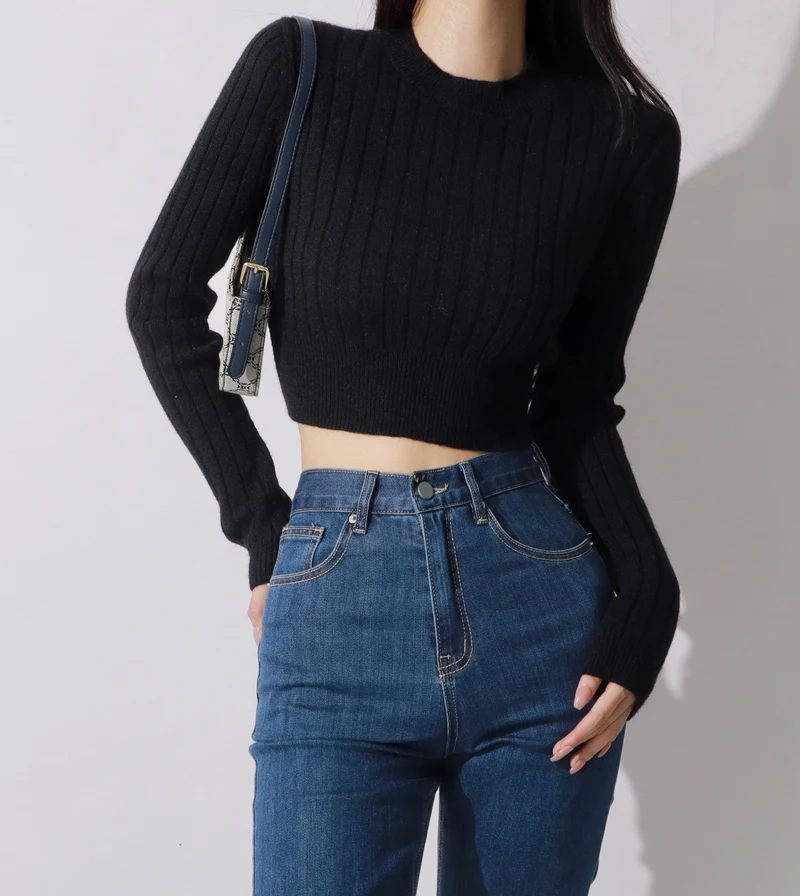 Women White Basic Style Crop Thick Knit Cropped Jumper