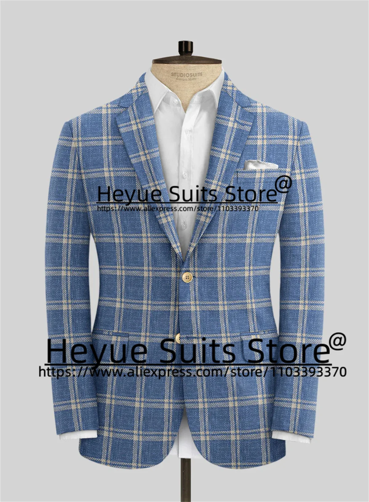 Handsome Sky Blue Plaid Prom Men Suits Slim Fit Notched Lapel Groom Formal Tuxedos Prom 2 Pieces Sets traje de hombre elegante