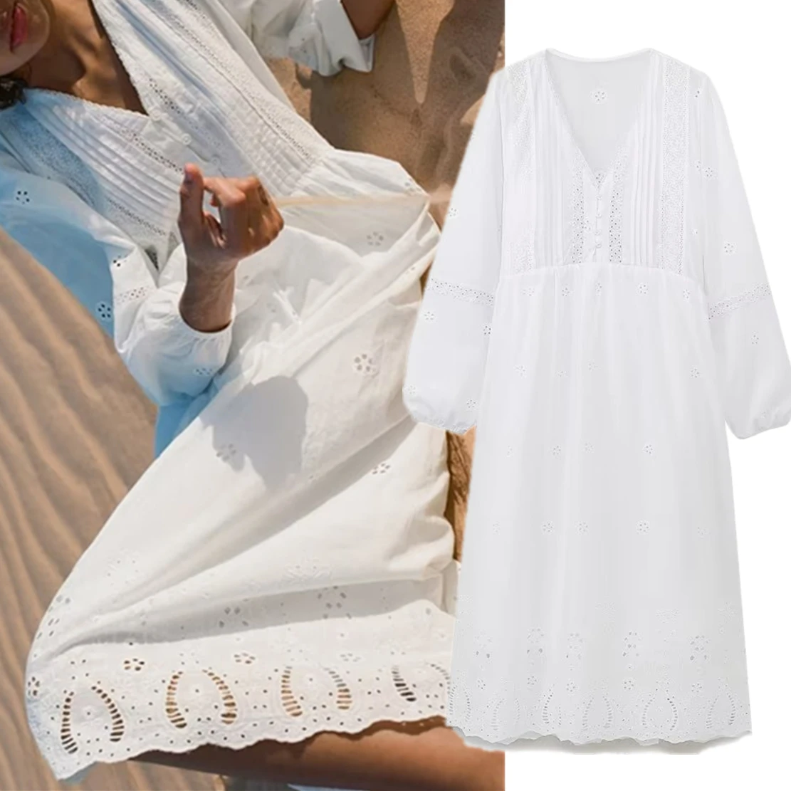 

Withered French Bohemian Retro Embroidery Hollow V-neck Loose Linen Cotton Dress Summer White Casual Midi Dress Women