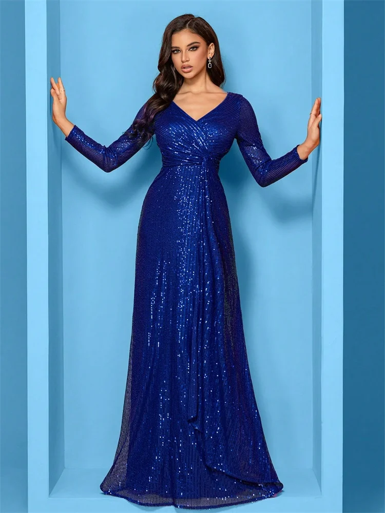 Luxury Blue Evening Dresses Women Elegant 2025 Long Sleeve Mermaid Formal Sequins Prom Wedding Party Cocktail Graduation Gowns 5