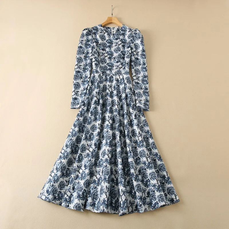 

New European and American women's wear for winter 2022 Long sleeve puff sleeves Fashionable rose print jacquard pleated dress