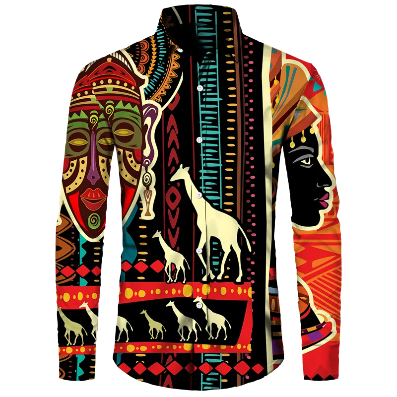 Camisa de manga larga informal con cuello vuelto y botones con estampado africano Dashiki para hombre, ropa de calle de moda, tops de tendencia, ropa para hombre
