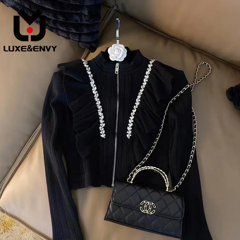 

LUXE&ENVY Thirteen Line French Ruffled Edge With Diamonds New High-end Feeling Niche Long Sleeved Slim Knit Shirt 2023 Autumn