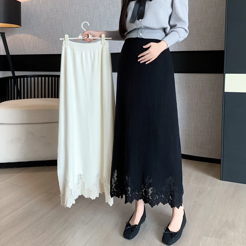 Autumn Winter Lace Patchwork Maternity Clothing High Quality Slimming Slit Knitted Skirt for Pregnant Women Youth Pregnancy