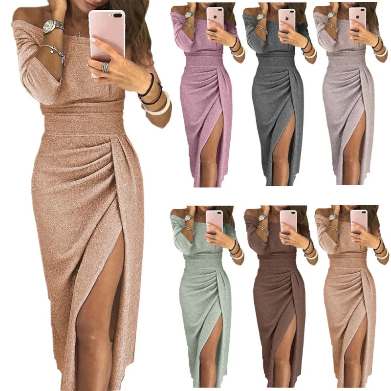 

Women's buttocks wrapped slit one line collar dress, shiny crystal formal dress, dinner dress