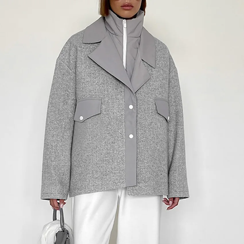 

Grey Woolen Jacket Coat Outerwear Autumn And Winter 2023 New Suit Long Sleeves Fashion Outerwear High-end Casual Women's Jacket