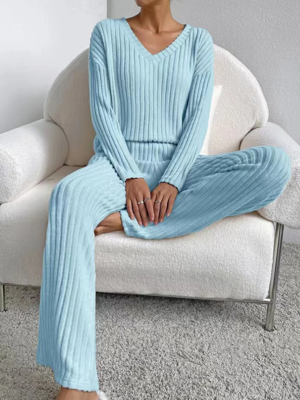 

Remelon Solid Elegant Warm Knit Rib Long Pants Women Two Piece Sets 2023 Winter New Casual Elasticity V-neck Loose Versatile Set