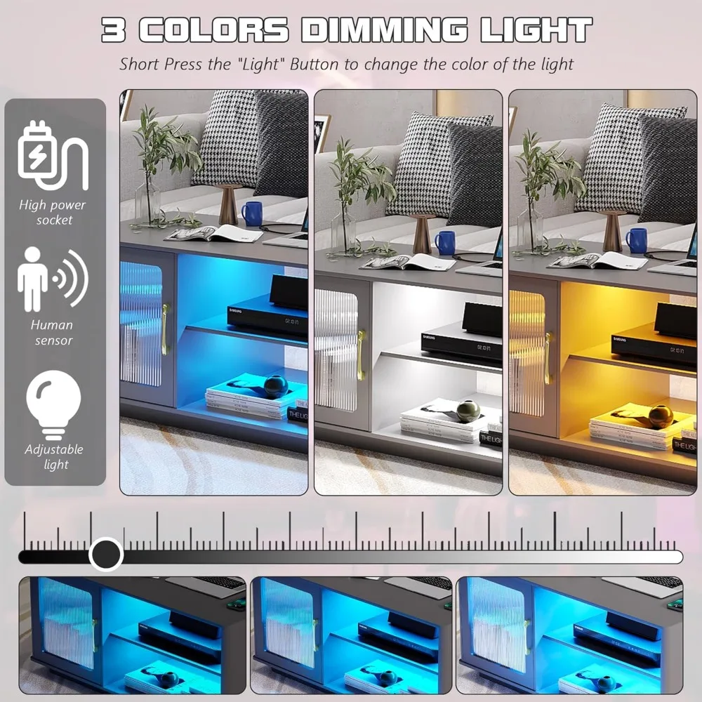 Coffee Table with Charging Station, 3 Color Dimmabl Dining Table with Large Storage Cabinet for Living Room,Cocktail Table with 5