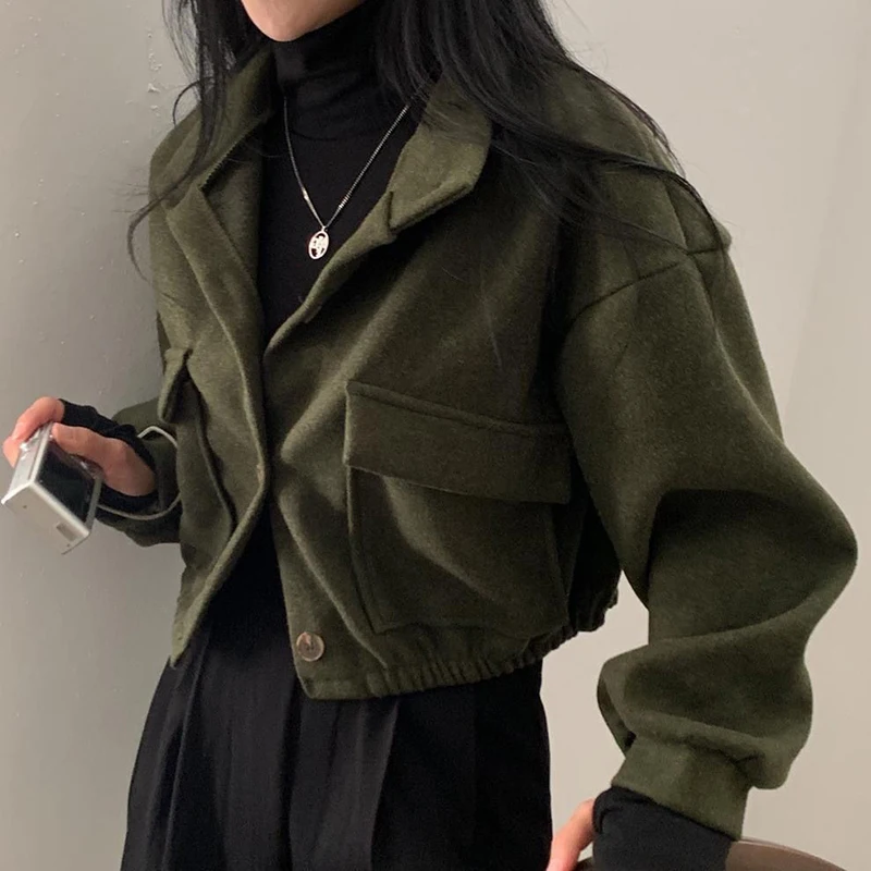 Veste décontractée tendance pour femme, col montant ample, boutonnée, style streetwear, manteau court vintage en imitation laine pour l'automne et l'hiver
