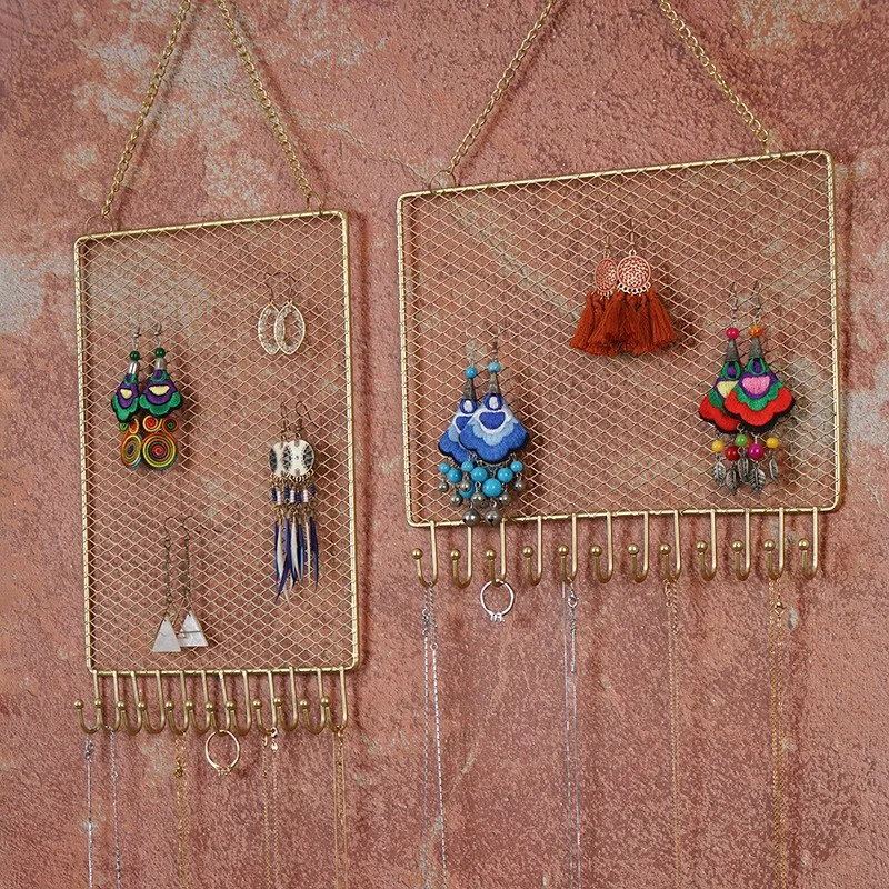Jewelry Organizer Wall Rack, Grid Style Hanging Display Shelf, Earring and Necklace Holder, Stylish Accessories Storage