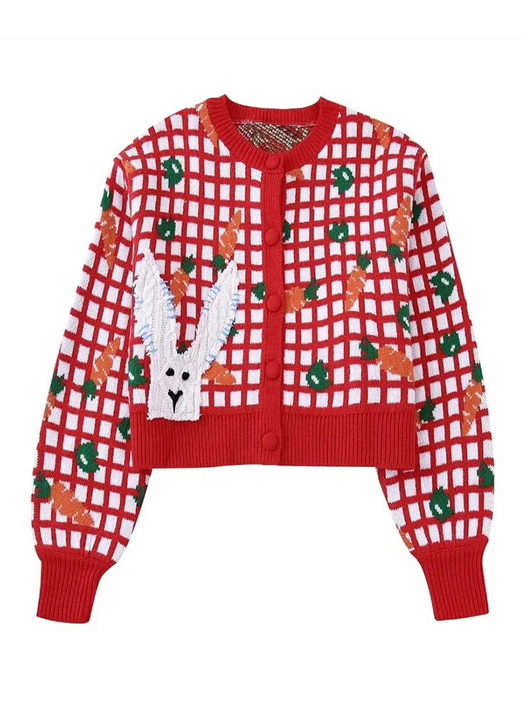 

2023 Ladies Cute Rabbit Appliques Red Sweaters Womens Spring Autumn Casual Plaid Short Knitted Cardigans Female Warm Sweaters