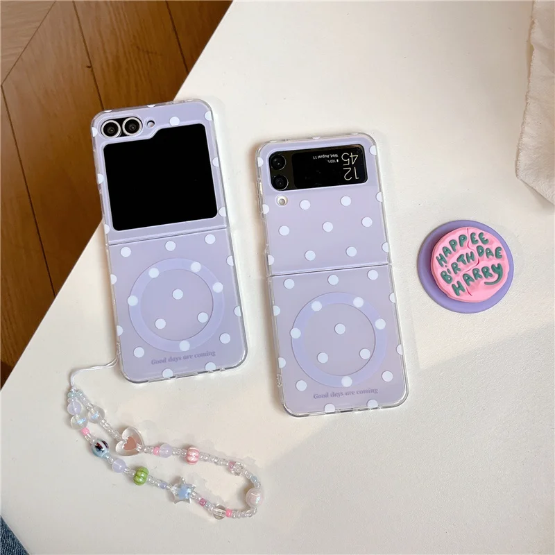 Korean Purple Polka Dot Magnetic Phone Case with Magsafe Stand and Chain