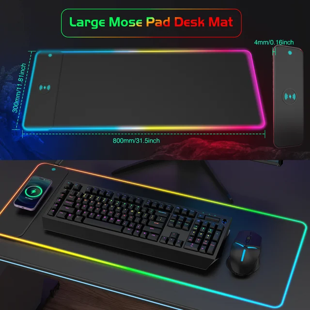 Wireless Charging RGB Luminous Mouse Pad Charger Phone Gaming Mousepad Keyboard Game Table Pad Laptop Mouse Mat Deskpad Mausepad