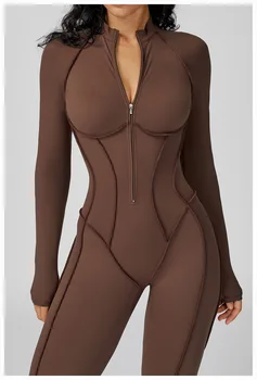 Yoga Bodysuit Long Sleeved Women's Tracksuits Gym Zipper Jumpsuits Sports Workout High-intensity Fitness One-piece Tights Suit 1