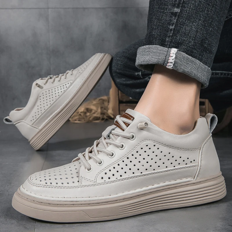 Men Genuine Leather Outdoor Casual Shoes New Height Increasing Shoes Lift Height Increase Insole Chunky Sneakers 4-6-8CM 36-48