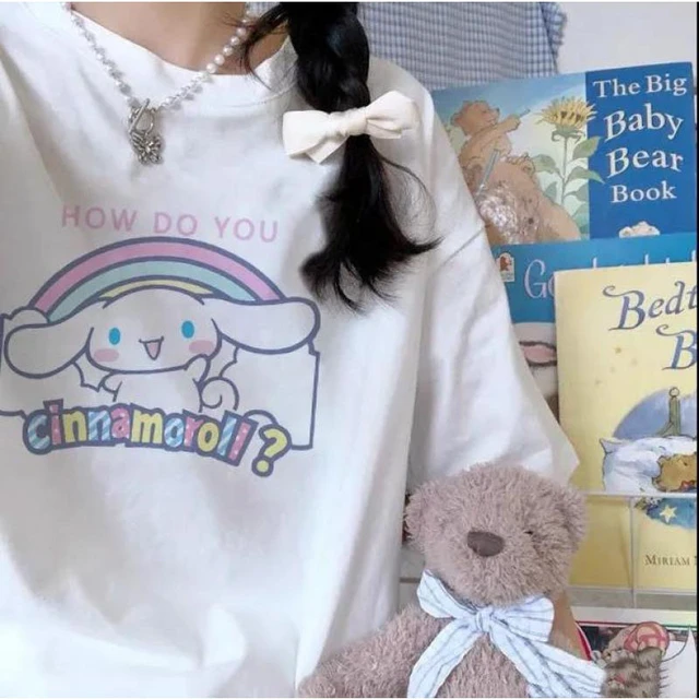 Sanrios Cinnamoroll Tops de desenho animado infantil, mangas meia, roupas  kawaii, camiseta de manga curta, doce e fofo, verão - AliExpress