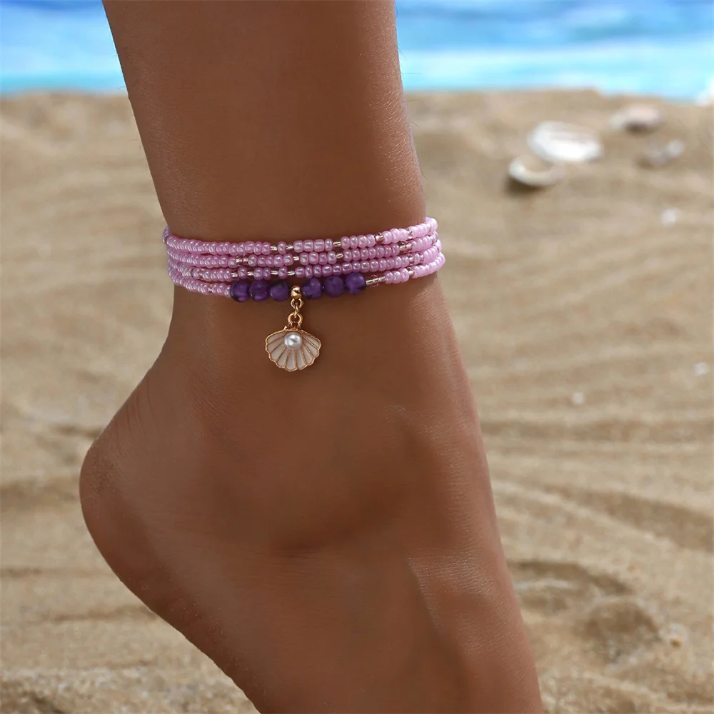 Fashion Cute Shell Pearl Purple Rice Bead Anklets For Women Gold Color Foot Chain Beach Jewelry Ankle Bracelet Summer Accessory