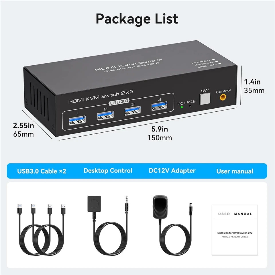 2X2 KVM Switch Dual Monitor 4k 144Hz HDMI 2.1 KVM Switch Extended Display HDMI D