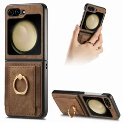 Leather Wallet Phone Case with Ring Holder and Card Slot - Magnetic Purse Stand Cover - Samsung Z Flip 5 (Brown)