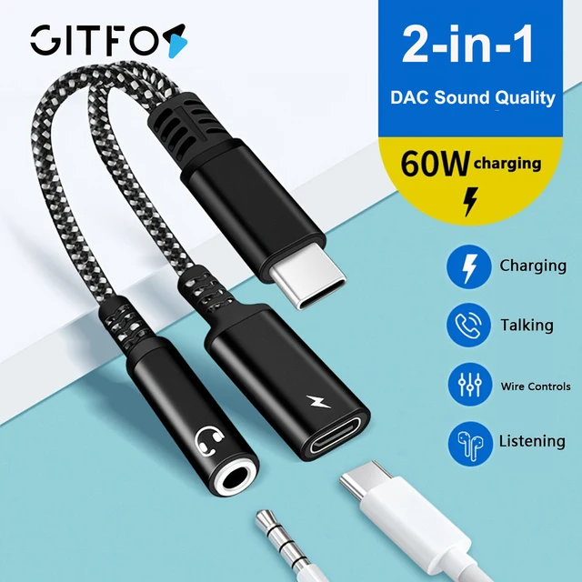GITFOS 2in1 1in1 USB Type C to 3.5mm Headphone Audio Aux Jack Adapter PD 60W Fast Charging Cable for iPhone 15/16/17 Samsung 1