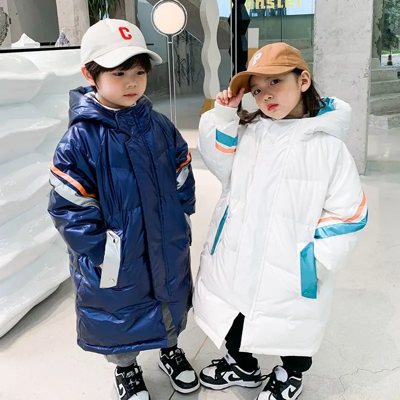 

2023 Winter Children's Down Cotton Clothes Boys Girls Thickened Warm Mid-length No-washing Coat Zipper Hooded Windproof 4-12 Yrs