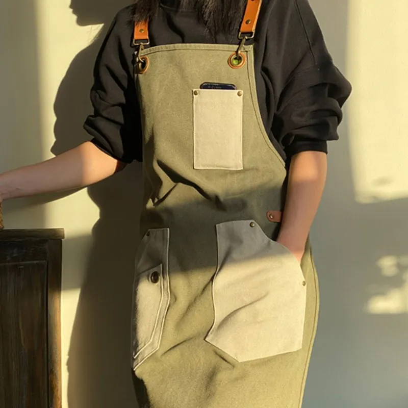 

Canvas Apron Cross Back Straps Cafe Barista Bartender Pastry Chef Uniform Florist Gardener Painter Tattoo Artist Workwear D31