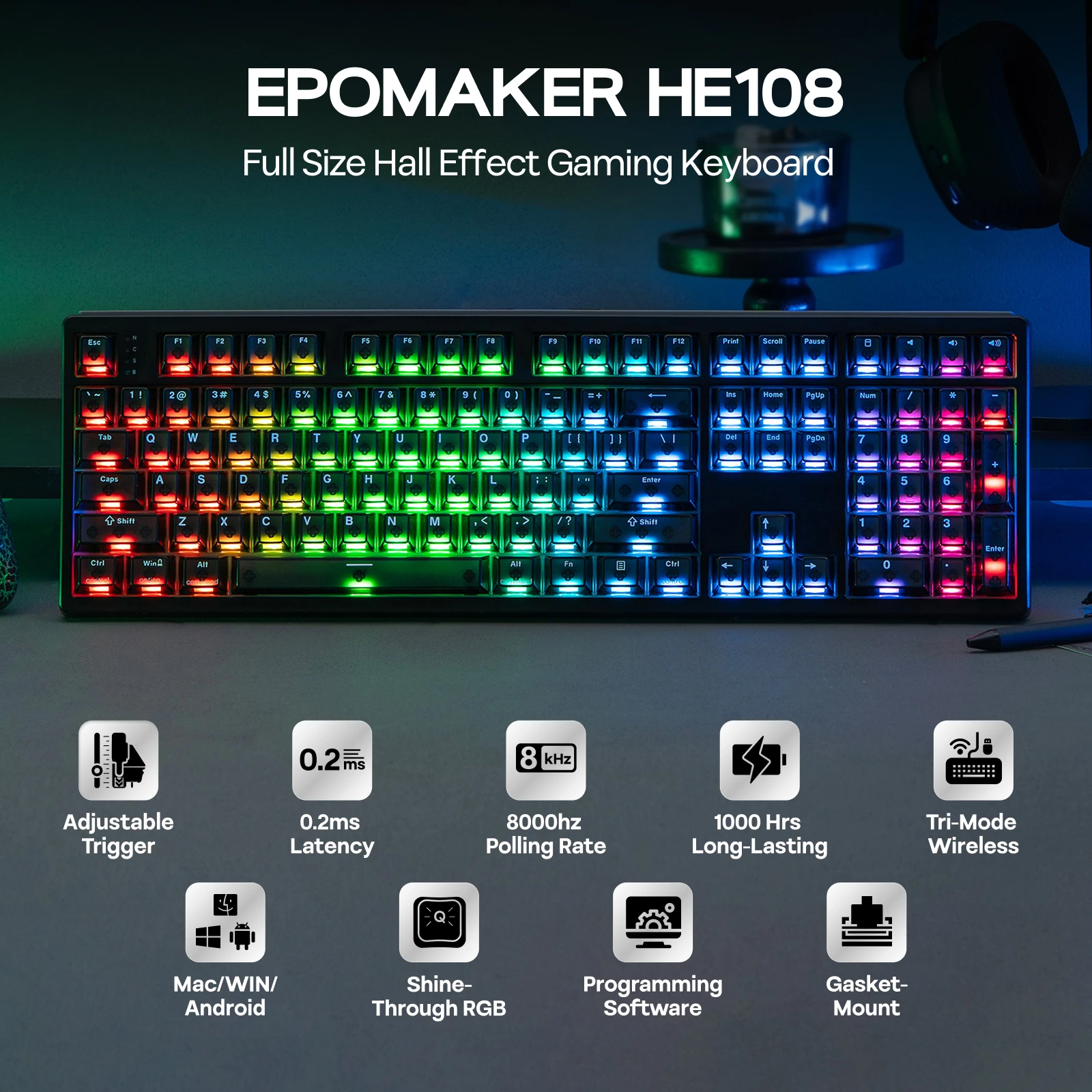 EPOMAKER HE108 100% ANSI US QWERTY 레이아웃 유선/BT/2.4Ghz 무선 홀 이펙트 기계식 키보드 (SOCD/DKS 및 래피드 트리거 기능 탑재)