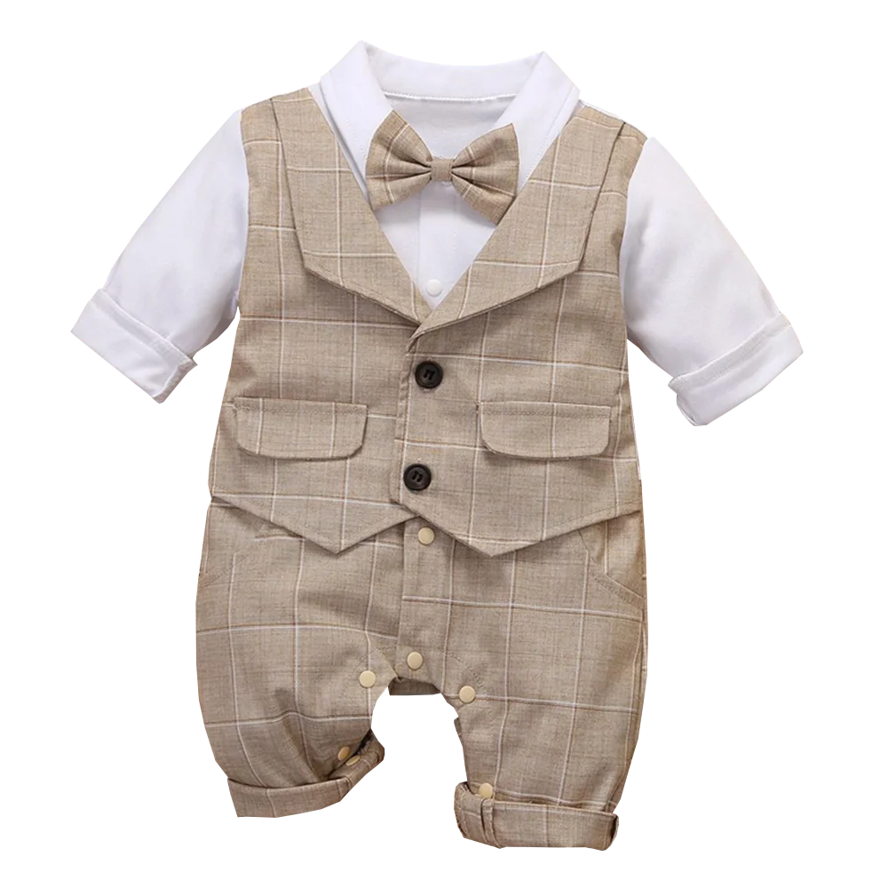 3-24M Formal Anniversary Dress Toddler Child Cotton Party Suit Infant Plaid Outfit Clothes Newborn Boy Vest Romper Baby Birthday 2