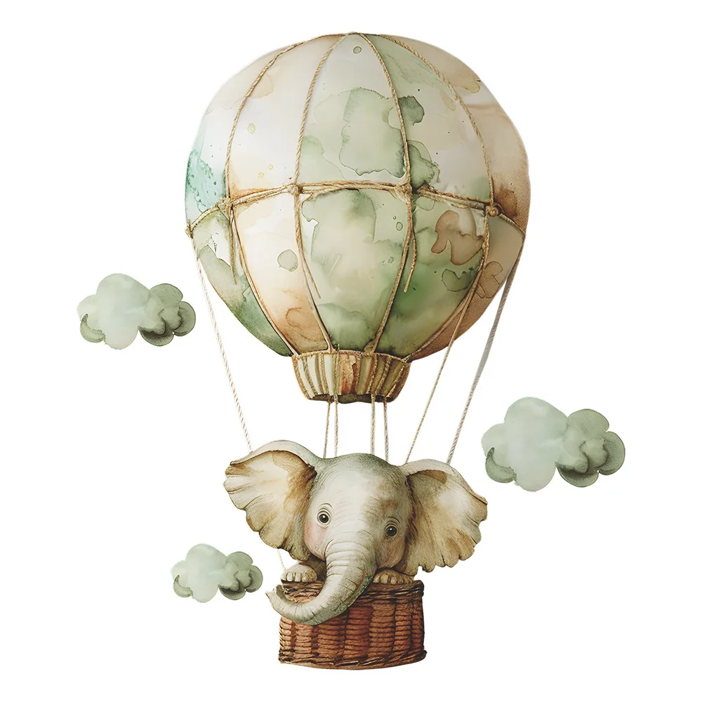 Green Spring Elephant Hot Air Balloon Wall Sticker For Children Room Decor Cartoon Elephant Decal Baby Room Decoration Wallpaper