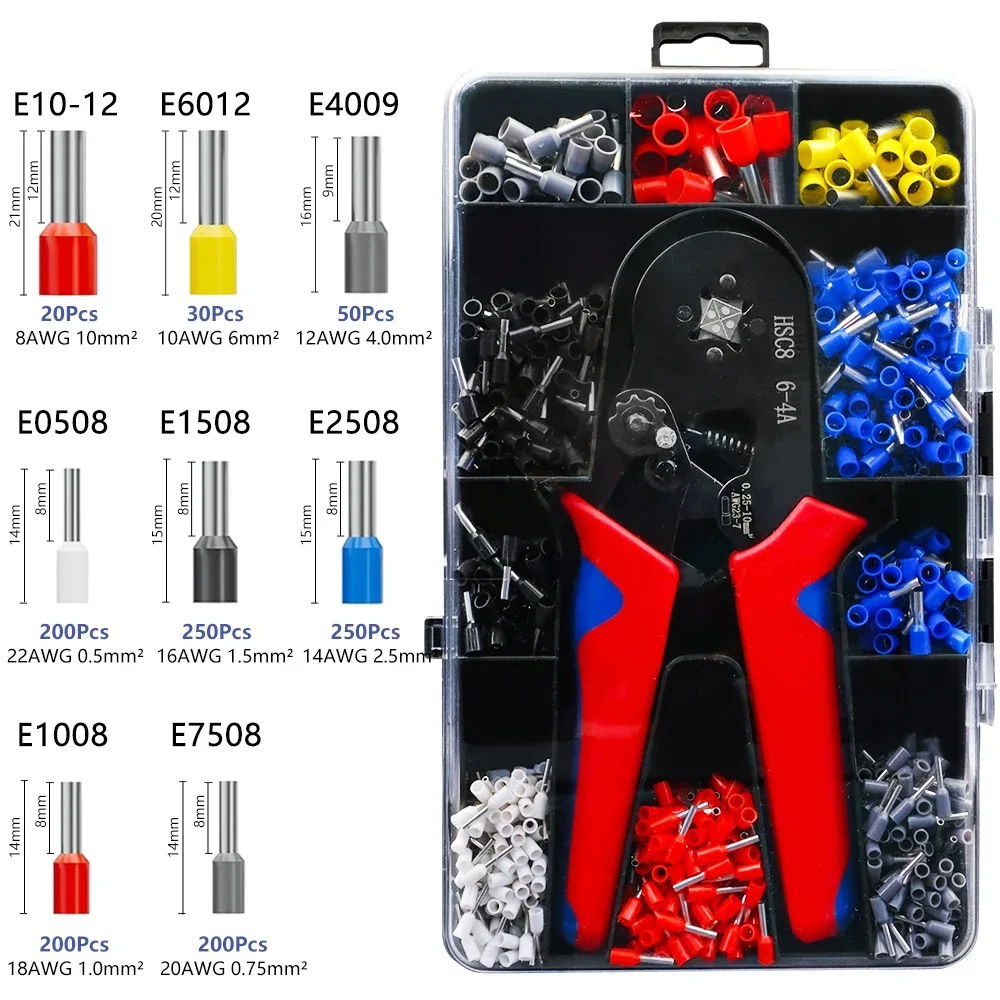 HSC8 Cable Wire Crimper Crimping Tool Plier Set 6-4/6A 23-7AWG Self Adjustable 1200Pcs Cord End Bootlace Ferrules Terminals Kit electrical wire terminal