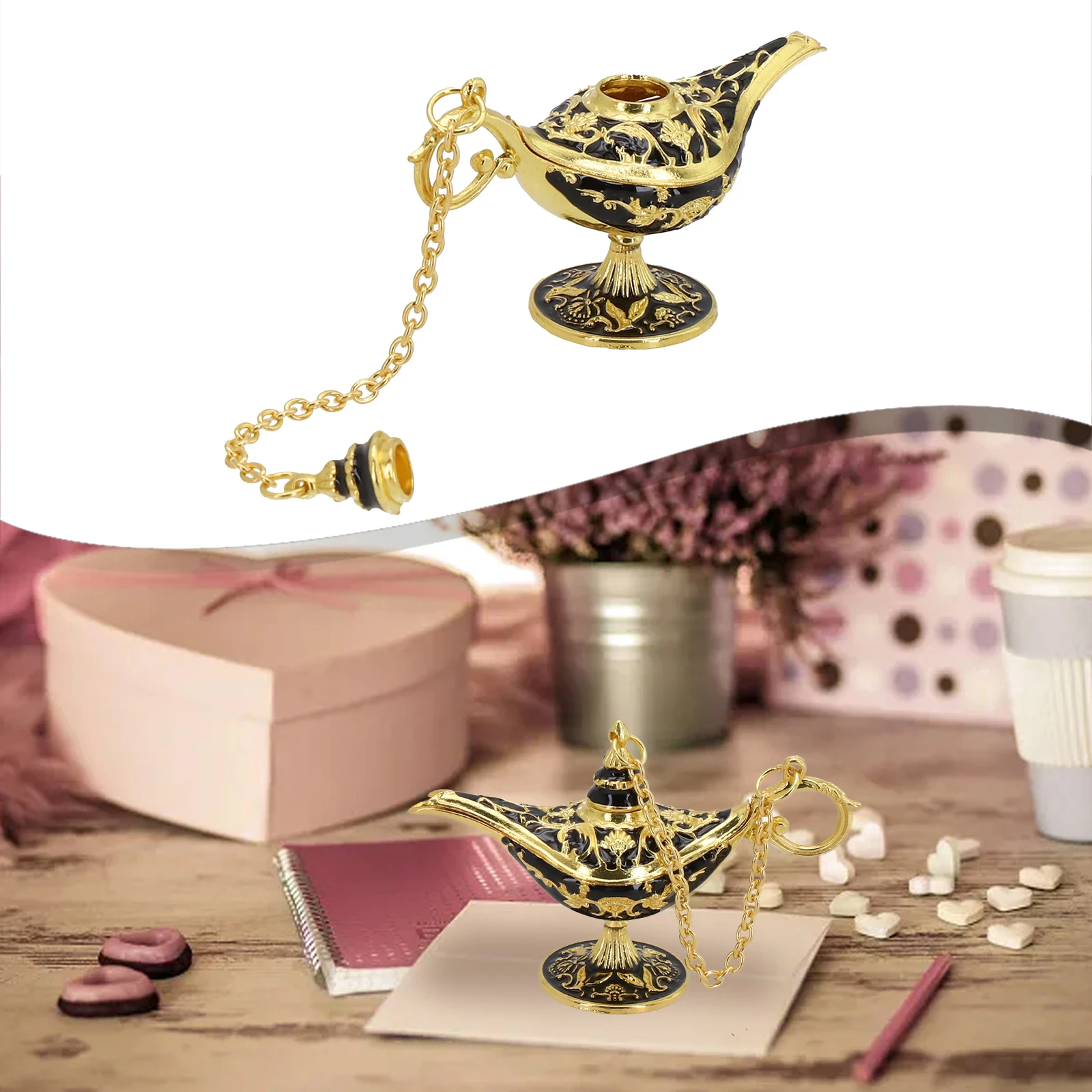 

12cm Classic Hollow Legend Aladdin Genie Lamp Miniature Figurines Retro Wishing Oil Lamp Home Decoration Festival Wedding Gift