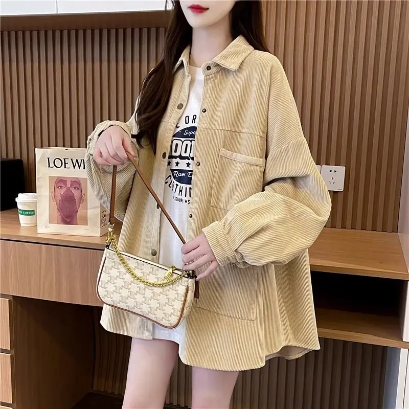여성용 루즈 솔리드 폴로 칼라 패치워크 단추 포켓 용수철, 가을 랜턴 소매, 캐주얼 올 매치 셔츠, 가디건 코트