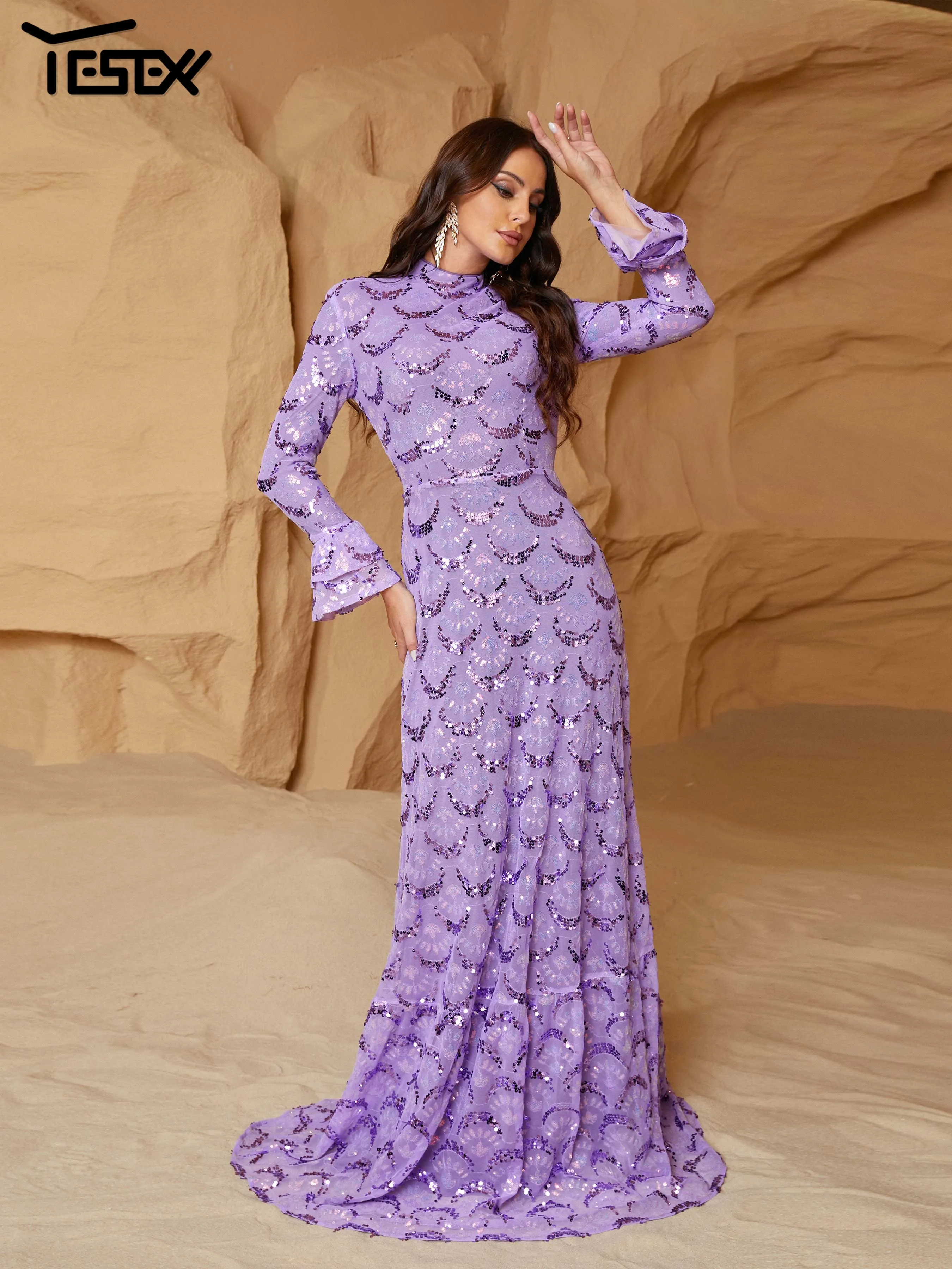 

Yesexy 2024 New Purple Elegant O Neck Flare Sleeve Sequin Maxi Dress Floor Length Stretchy Bodycon Party Evening Dress