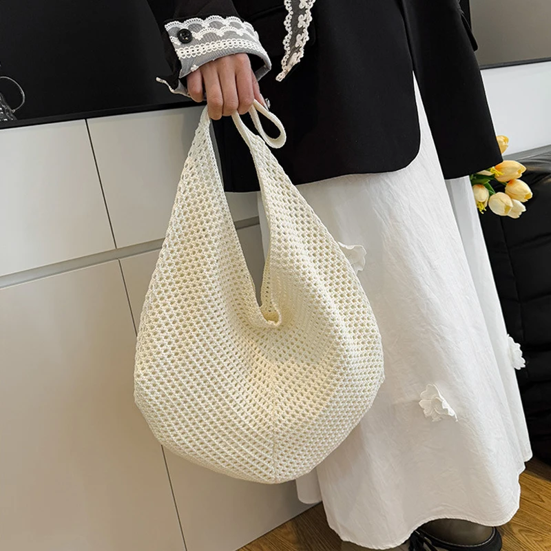 Women Hollow Summer Bag Solid Color Aesthetic Hobo Bag Large Capacity Knitted Tote Handbag Ladies Daily Handbag