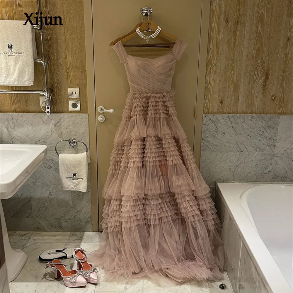 

Xijun Spaghetti Strapes Sweetheart Evening Dress Floor Length Tiered Pleated Tulle Vestidos De Noche For Formal Occasion