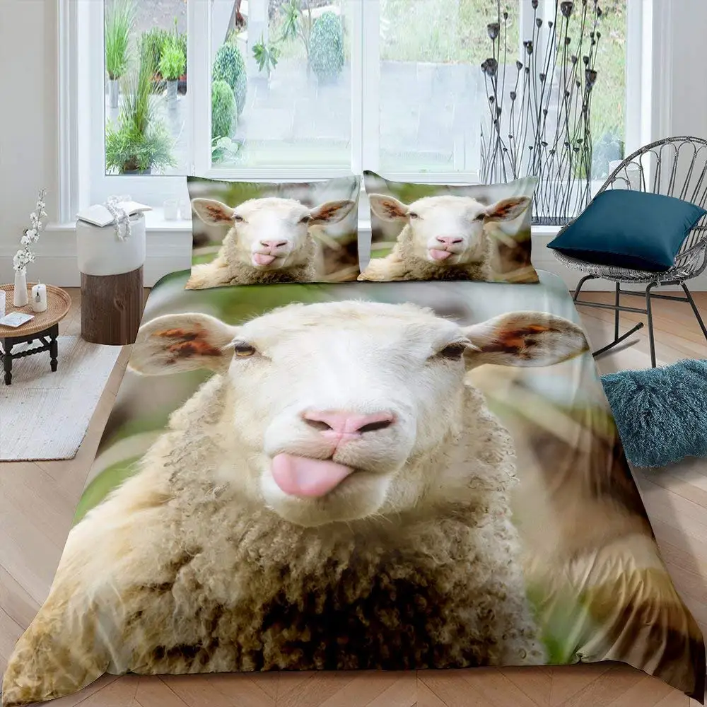 

Funny Sheep King Queen Bedding Set Kids Farm Animal Duvet Cover White Little Lamb Comforter Cover 2/3pcs Polyester Quilt Cover