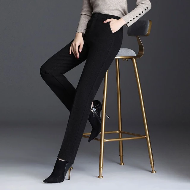 Office Lady Fashion All-match Wool Pencil Pants Autumn Winter Women High  Waist Elastic Band Slim Solid Casual Straight Trousers - AliExpress