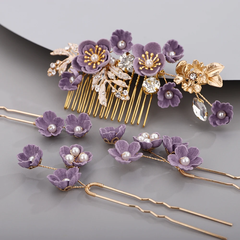 Purple Flower Headdress Set Rhinestones Hair Comb Pins Alloy Leaves Wedding Head Jewelry Bridal Hair Accessories