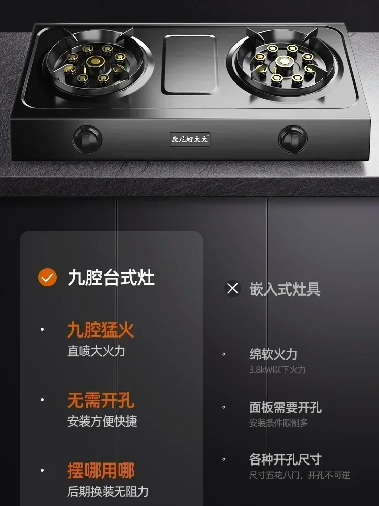 Gas Stove 2 Burner High Fire Stove Liquefied Natural Gas Home Kitchen Appliances Waterproof Stainless Steel Cooktop