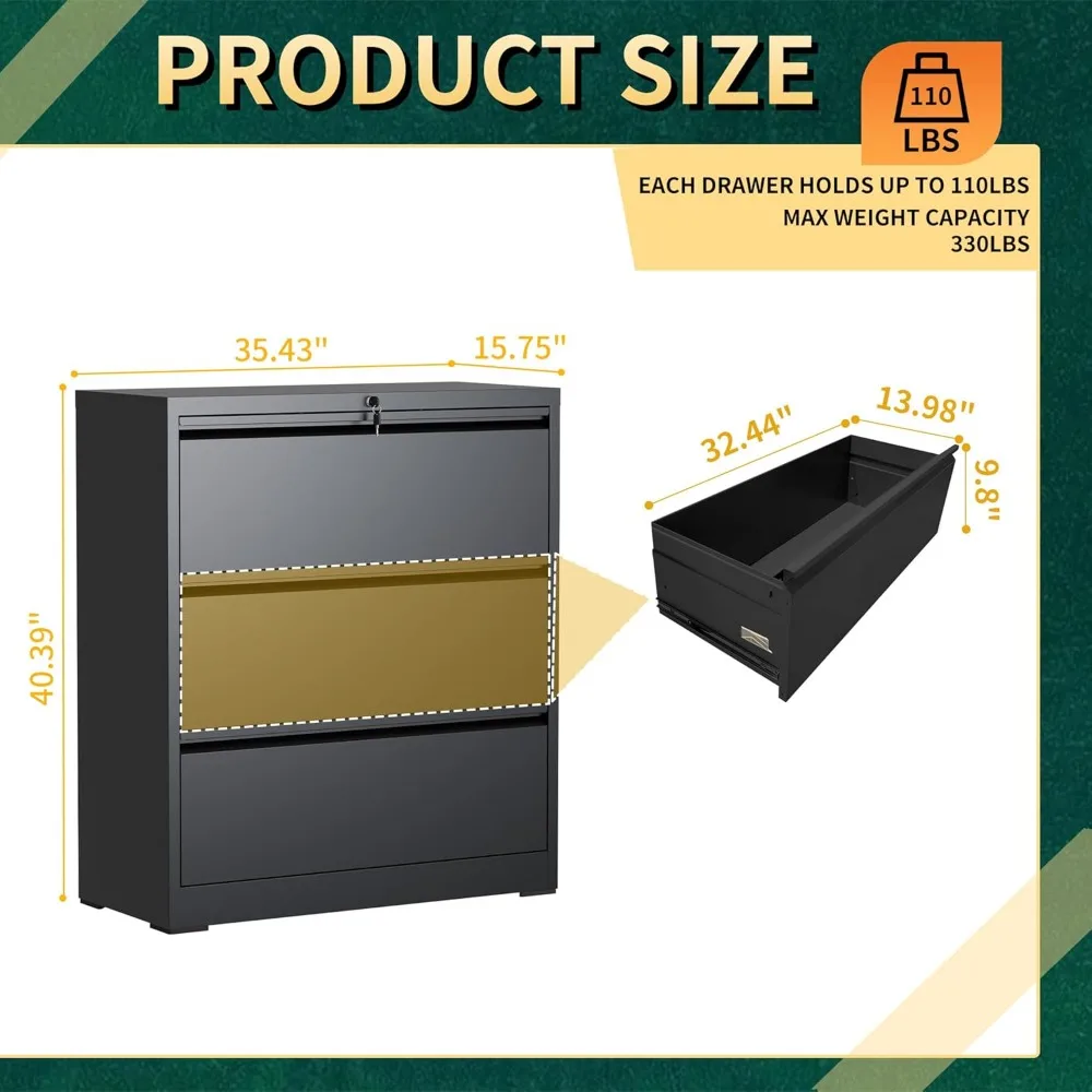 3 drawer lateral file cabinet with lock, metal file cabinets for home office, steel heavy-duty filing storage cabinet for letter