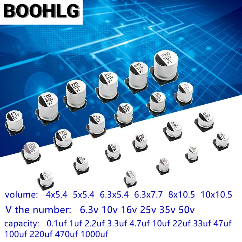 

20pcs SMD 6.3V 10V 16V 25V 35V 50V 63V 100V 1UF 2.2UF 4.7UF 10UF 47UF 100UF 220UF 330UF 470UF Electrolytic capacitor aluminum