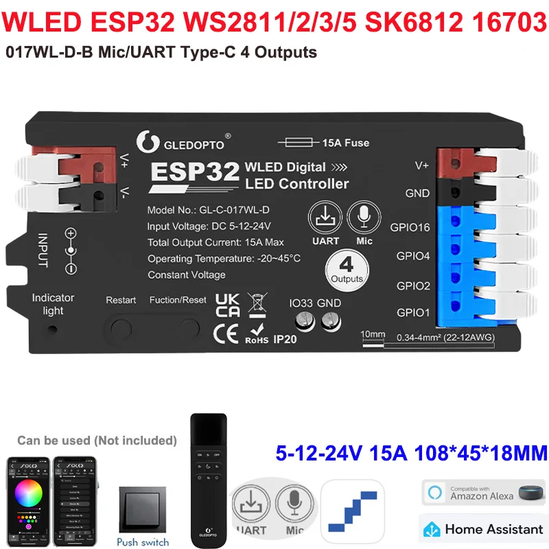 ตัวเลือกสินค้า ตัวควบคุมแสงอัจฉริยะ ESP32 WLED 4 ช่องควบคุม