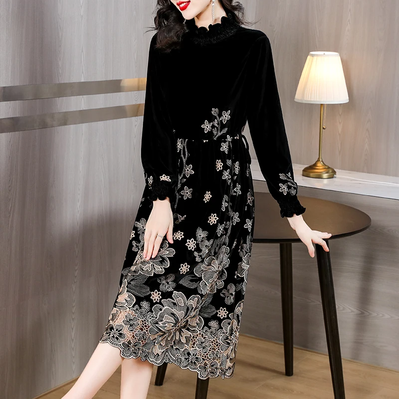 

Women Elegant Festival Party Evening Autumn Winter Black Veet Long Sleeve Loose Dress 2024 Korean Vintage Dresses