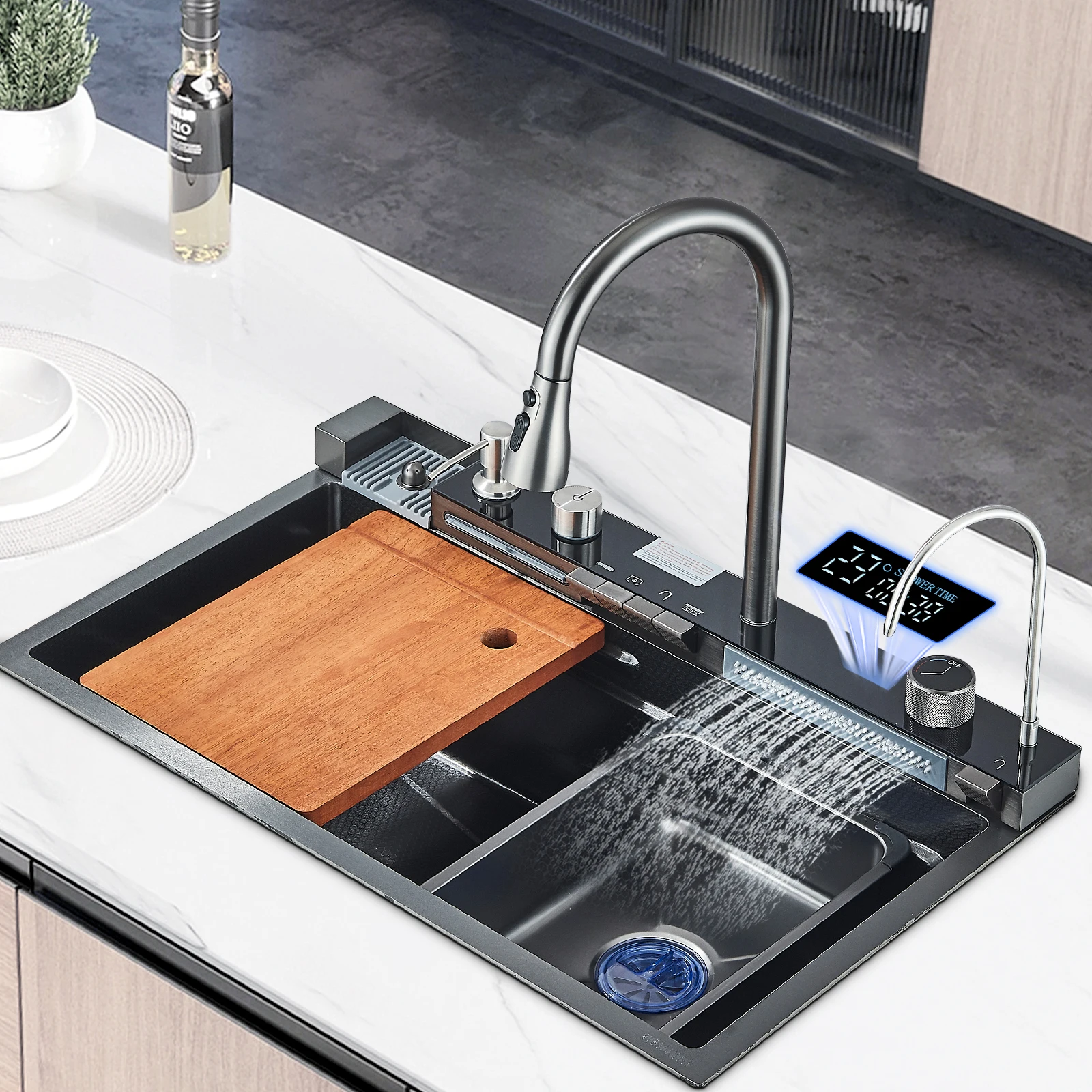 Ensemble complet de lavabo de cuisine en acier inoxydable grand bol simple avec robinet à affichage numérique moderne dernier cri - Chine Évier de cuisine en cascade, évier Ensemble complet de lavabo de cuisine en acier inoxydable grand bol simple avec robinet à affichage numérique moderne dernier cri - Chine Évier de cuisine en cascade, évier