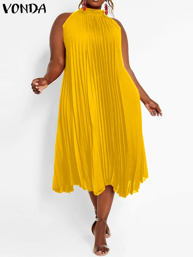 

VONDA Summer 2023 Women Sexy Sleeveless Party Dresses Elegant Sexy Halter Satin Mini Dress Beach Vestidos Casual Robe Femme