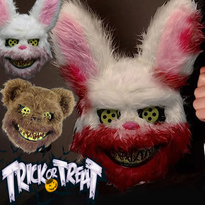 Full Face Mask Bloody Plush Rabbit Mask Simulated Bloody Bear Head Horror Facepiece Cosplay Prop Halloween Ghost Festival Role Dressing Adults