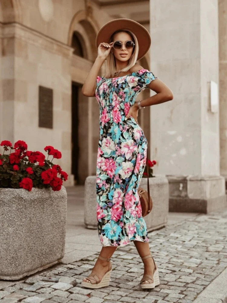 Elegant Women's Fashionable New Printed One Shoulder Short Sleeved Sexy Casual Dress 357