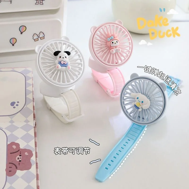 Sanrio Cinnamoroll Watch Fans Cute Cartoon My Melody Pochacco Portable Usb Rechargeable Bracelet Type Mute Fan Children's Gifts