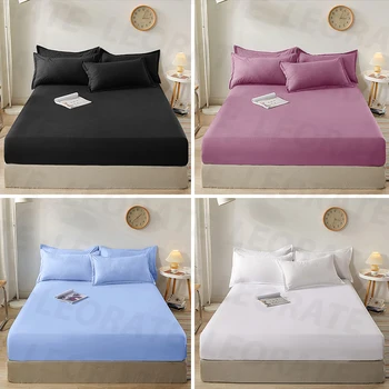 100% Cotton Fitted Bed Sheet With Elastic Band Solid Color Anti-slip Adjustable Mattress Cover For Single Double King Queen Beds 1
